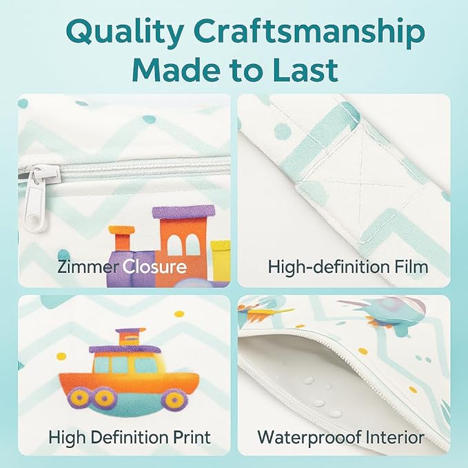 Waterproof Wet Dry Bag, Reusable Diaper Pouch with Zipper, Machine Washable Travel Organizer for Beach, Daycare, Kids, Dinosaur Pattern (Purple UFO)