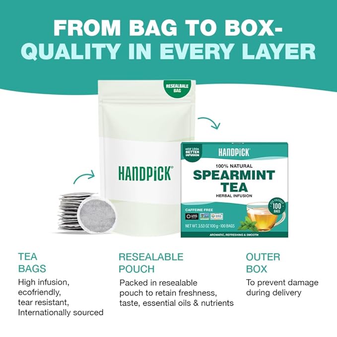 HANDPICK, Spearmint Tea Bags for PCOS relief (100 Herbal Tea Bags) |Refreshing Mint Tea | Non-GMO | Round Eco-Conscious Teabags