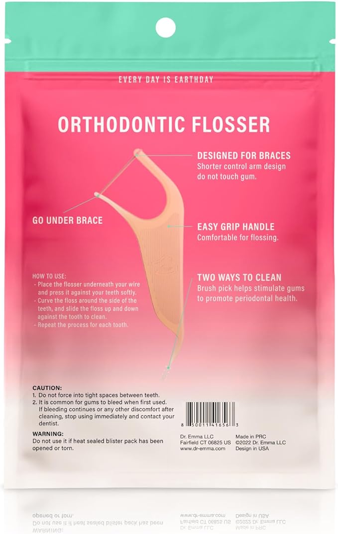 Dr. Emma Orthodontic Flossers for Braces, Ortho Dental Floss Picks, Mint Flavor 60 Count/Bag (Pink, 2pack)