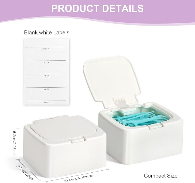 JGB Floss Pick Dispenser,2Packs Refillable Press Flip Floss Sticks Holder,Reusable Floss Pick Case For Cotton Swabs,Balls,Pads,Qtip - Square Storage Box For Home,Hotel,Office Organizers - White