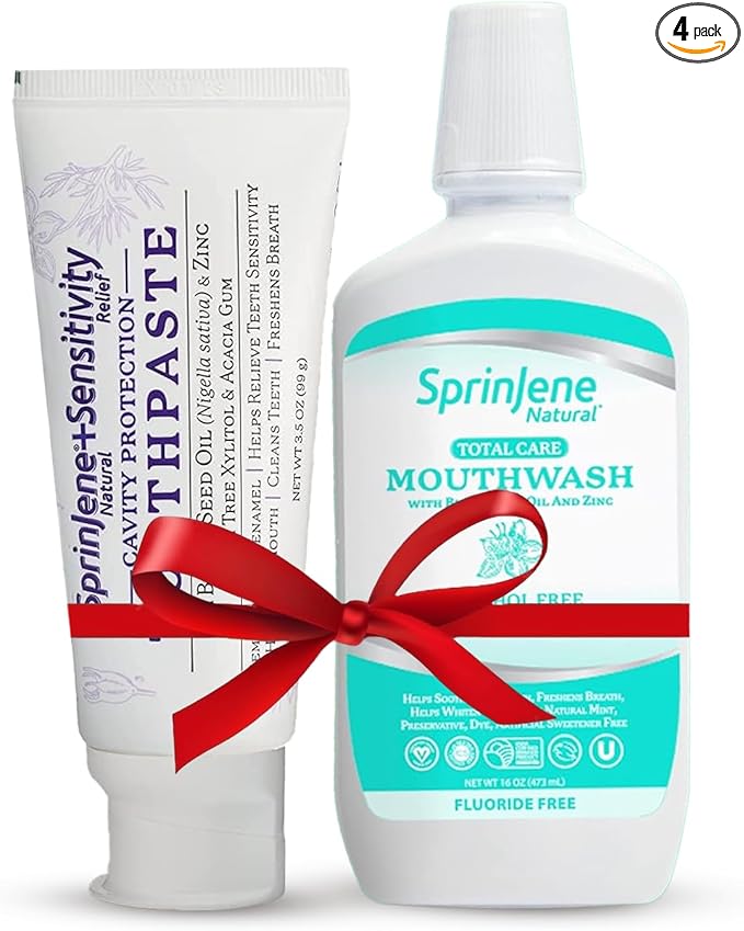 SprinJene Natural Sensitivity Relief, Fluoride Toothpaste for Sensitive Teeth & Gum (4 Pack) + Fluoride Free Mouthwash with Natural Ingredients
