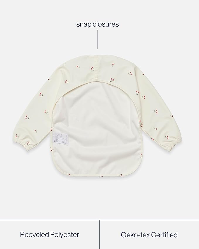 Lalo Smock Bib - Long Sleeve Bib for Infants and Toddlers - Elastic Cuffs, Large Catch-All Pocket, Waterproof Recycled Polyester - Easy to Clean for Mealtime and Art Time - Cherry Infant