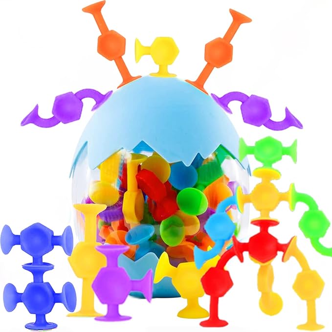 50pcs Suction Toys Sensory Toys for Kids Ages 4-8 Boys Girls, Bath Toy for Toddlers Montessori 8 Colors Sensory Slicone Sucker Travel for Kids 3 4 5 6 7 8