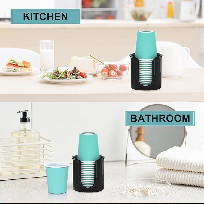 Bathroom Cup Holder - 2 Pack 3 oz Cup Dispenser for Bathroom Vanity Countertop - Small Paper Cup Dispenser for Mouthwash Cups & 3oz Bathroom Cups（Black）