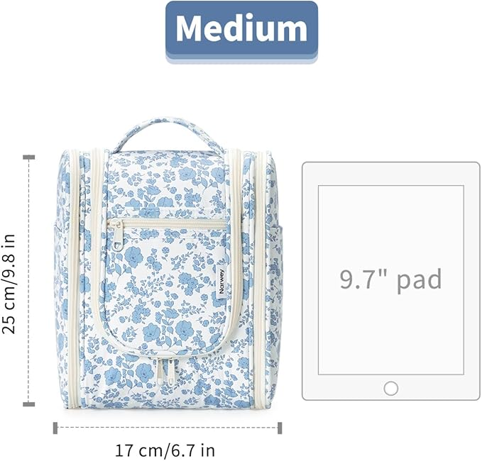 Narwey Hanging Toiletry Bag Women Travel Makeup Bag Organizer Toiletries Bag for Travel Size Essentials Accessories Cosmetics (Medium,Little Blue Flower)
