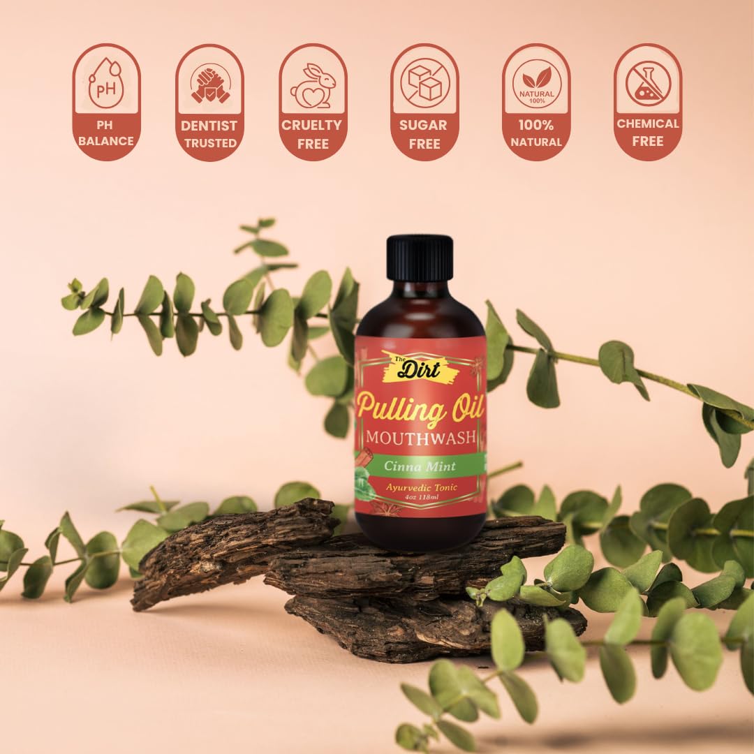 THE DIRT Oil Pulling Mouthwash - Gluten Free - Removes Plaque, Tartar, Bad Breath & Whitens Teeth (Cinna Mint, 4 Ounce)