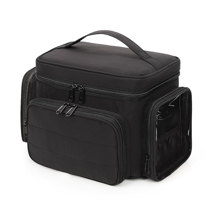 Large Cotton Makeup Bag, Lightweight Travel Makeup Bag Organizer for Women Girls with Makeup Brush Compartment & Two Side Pockets, Cosmetic Travel Bag Vertical Storage- Black01