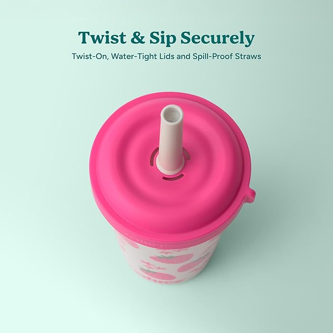REDUCE GoGo's Kids Portable Tumbler Cups with Lids and Spill-Proof Straws - 10 Pack of Stackable 12 oz Tumblers with Twist-On Lids - Easy Storage, Dishwasher Safe - Play Date