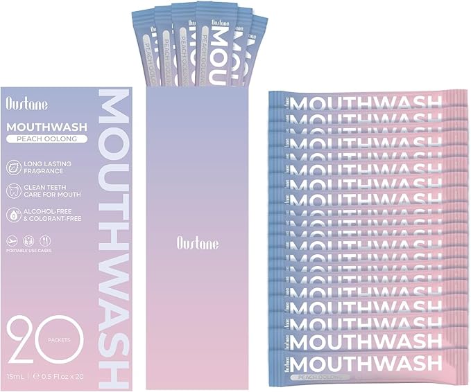 Travel Size Mouthwash, Peach Oolong Flavor, Alcohol-Free, 20-Pack Portable Packets, 0.5 Fl Oz Each, Long-Lasting Freshness (20)
