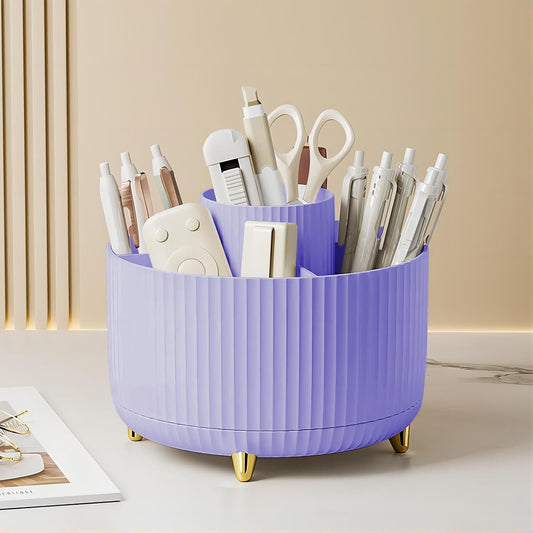 DASITON Large Capacity Makeup Brush Holder,360° Rotating Makeup Organizer,5 Slot Makeup Brushes Cup,for Vanity Decor,Bathroom Countertops,Desk Storage Container,Cosmetic Display cases(Purple)