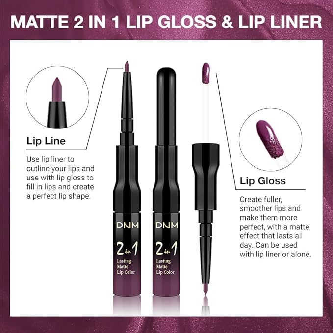 1Pcs 2 in 1 Dark Plum Purple Matte Lip Liner and Liquid Lipstick Stain Makeup Set for women, Purple Long Lasting Smudge Proof Lip Tint Matte Finish Lip Gloss for All-Day Color Hold Easy to Use 01#