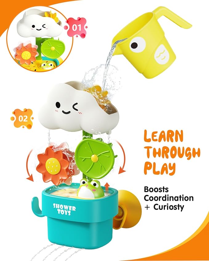 Bath Toys for Kids Ages 1-3: Cloud Set with Watering Cup, Toddler Interactive Bath Toys with Strong Suction Cup, Attach to Any Tub or Shower Fun for Bath Time - Great for Boys, Girls Shower Gifts