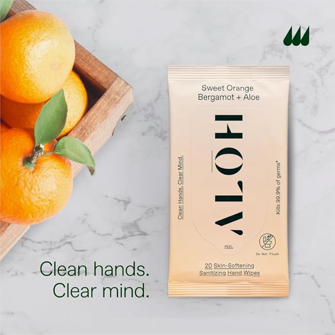 ALŌH Sweet Orange Bergamot + Aloe Sanitizing Hand Wipes - Clean Hands, Clear Mind - On The Go Hand Sanitizing Wipes for Kids and Adults - Travel Size 3 Pack 20ct Wipes (60 wipes)