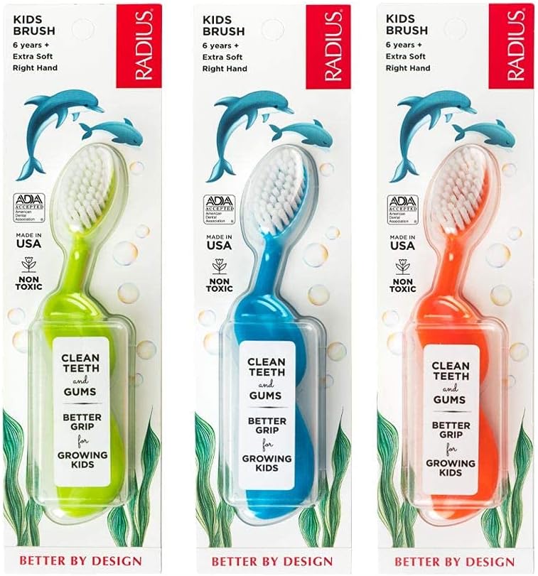 RADIUS Children's Toothbrush, Kids Brush, Extra Soft Bristles, Right Handed, Green/Blue/Orange, BPA Free & ADA Accepted, Designed to Clean Delicate Teeth & Gums for Children 6 Years & Up, Pack of 3