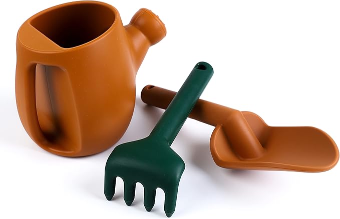 BLUE GINKGO Toddler Gardening Tools - Silicone Beach Toys, Garden Toys for Toddlers | Kids Shovel and Rake Set, Watering Can, Sand Molds | Outdoor Baby Gardening Set (Terracotta)