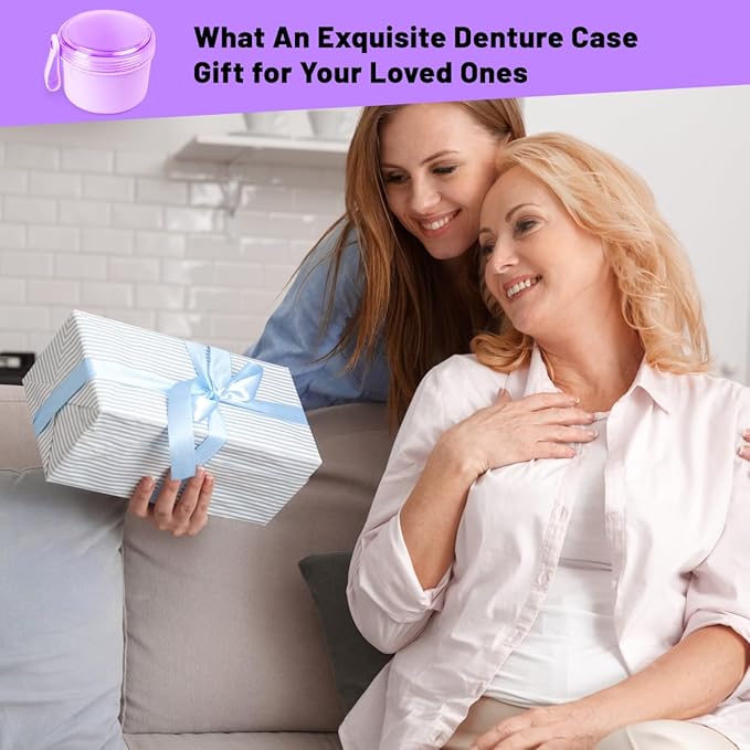 Leak Proof Travel Denture Bath Case for Full Dentures, Denture Cups for Soaking Dentures, Denture Container Cups with Brush for Dentures, Aligner, Retainers, Mouth Guard (Purple)