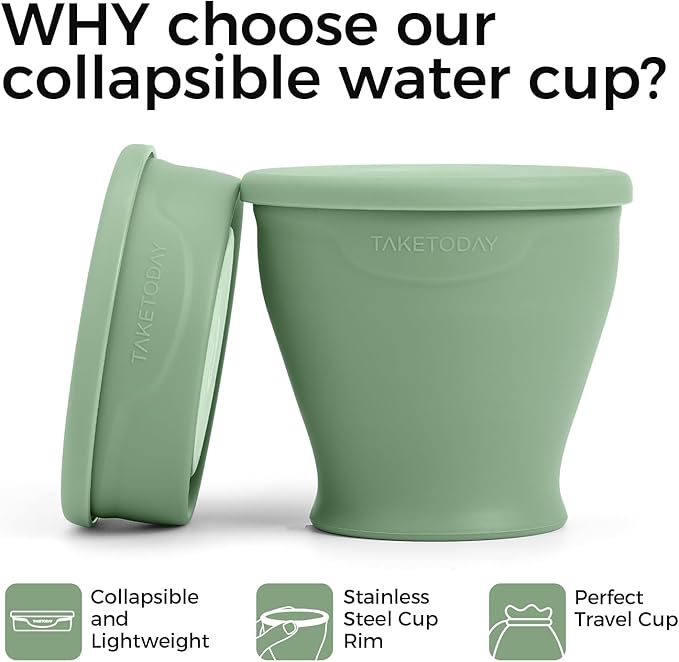 TakeToday Collapsible Travel Cup - Silicone Foldable Water Cup, BPA-Free with Lid & Waterproof Bag - Drinking Cup Set for Office, Camping & International Travel（8 Oz, Green）