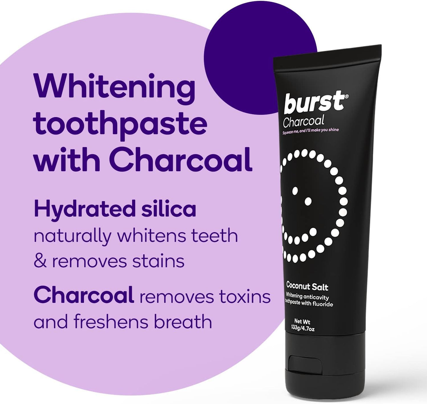 BURST Charcoal Whitening Toothpaste for Adults (4.7oz) | for Sensitive Teeth with Cavity Fighting Fluoride & Xylitol |Vegan | Gluten & SLS Free | Coconut Salt