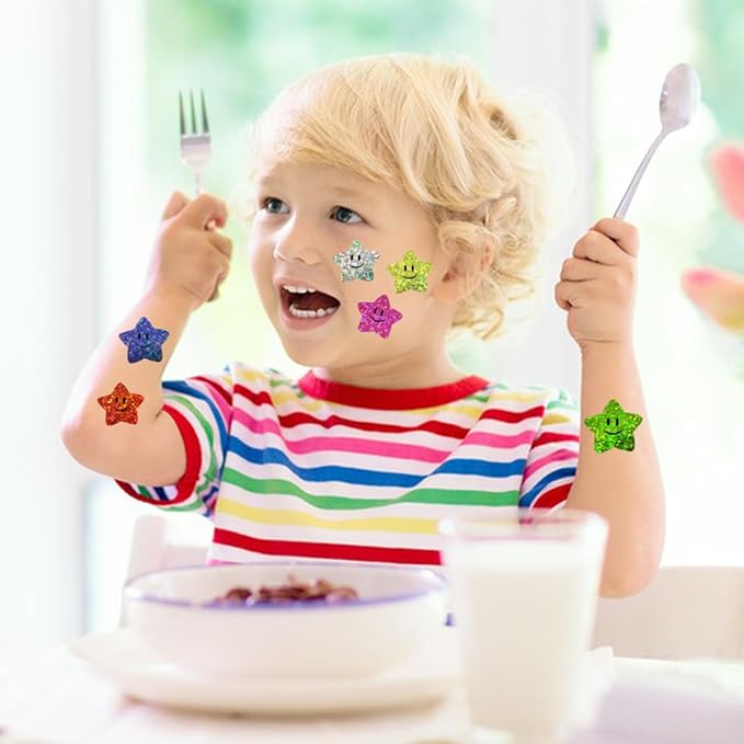 700Pcs Smiley Face Star Stickers for Kids Reward,1inch 8 Colored Sparkly Foil Star Stickers for Student Planner and School Classroom Teacher Supplies 3.15inch in Diameter per roll(8cm)