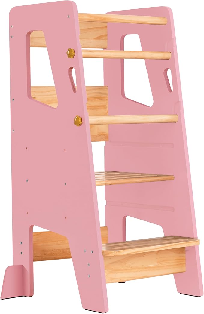 OCODILE Toddler Standing Tower - Adjustable Height Toddler Kitchen Stool Helper - Ideal Kids Kitchen Step Stool for Learning New Skills - Updated Design with Safety Feet - Pink