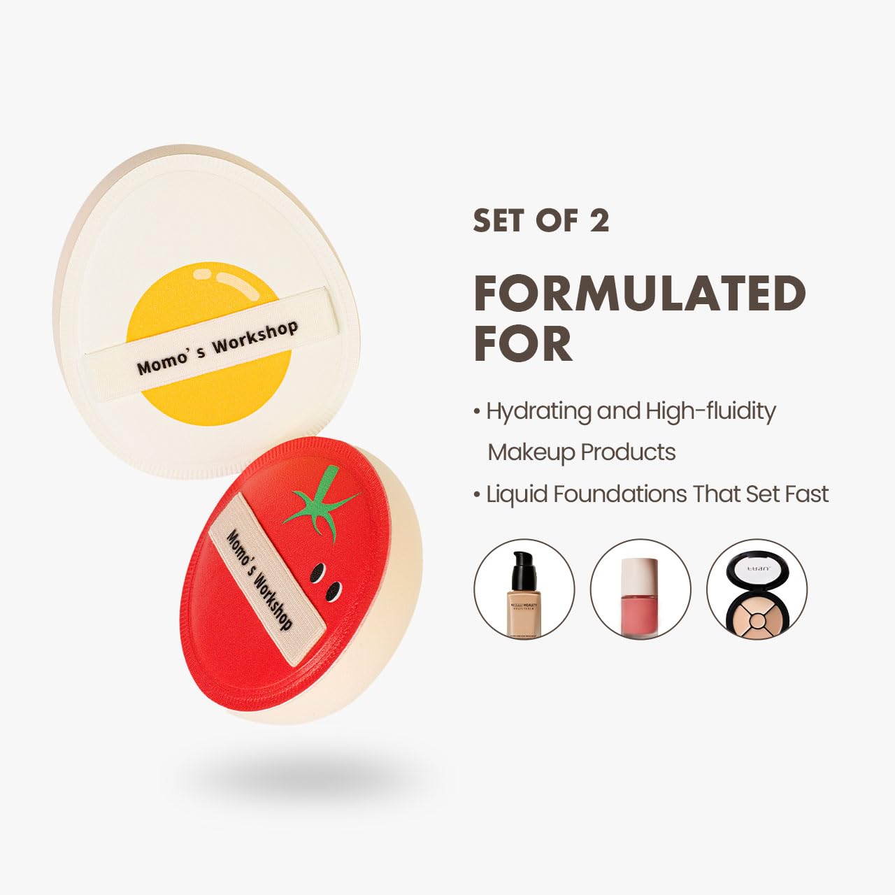 Momo’s Workshop Sun Egg Makeup Sponge Puff & Tomato Makeup Sponge Set - 2PC Medium Bounce Rubycell Foundation Puffs for Creamy Finish, Quick Blending, Comfortable for All Skin Types & Storage Case