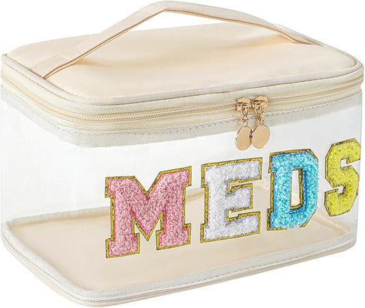 Large Waterproof Chenille Letter Medicine Clear Makeup Bag, Transparent PVC Nylon Preppy Patch Cosmetic Bag with Handle, Portable Meds First Aid Travel Organizer Cosmetic Bag (06MEDS- Beige)
