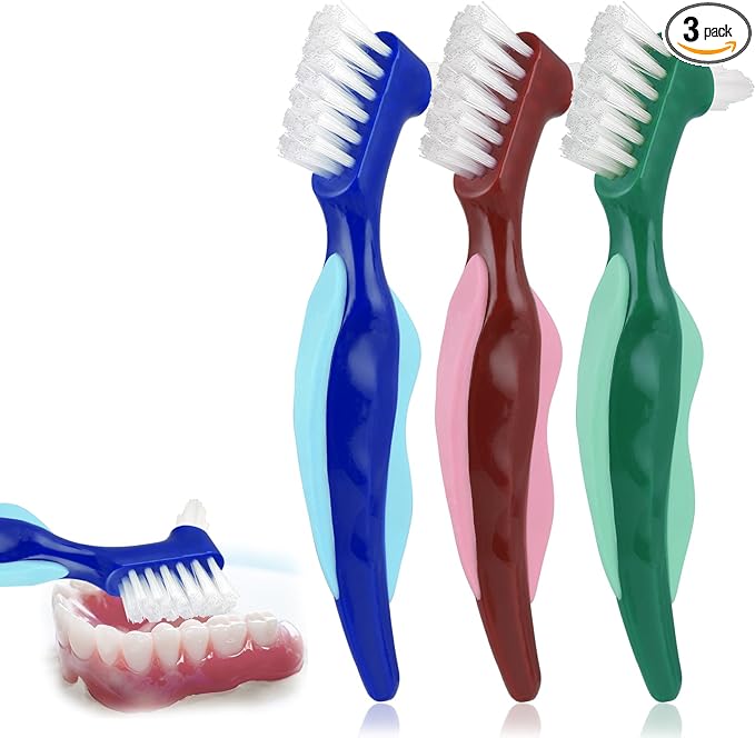 3 Pcs Hard Denture Brush, 3 Colors Premium Hygiene Denture Cleaning Brush for Denture Care, Double Sided Toothbrush with Multi-Layered Bristles & Rubber Anti-Slip Handle