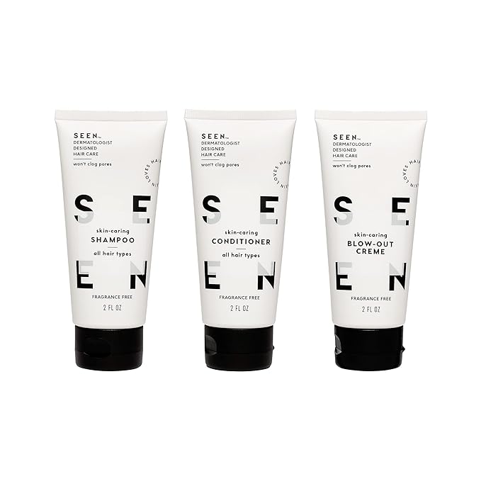 SEEN Travel Trio, Fragrance Free - Non-Comedogenic & Blow-Out Hair Cream, Shampoo & Conditioner Set- Reduces Frizz- Heat Protectant- Safe for Sensitive & Eczema Prone Skin