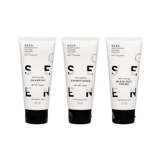SEEN Travel Trio, Fragrance Free - Non-Comedogenic & Blow-Out Hair Cream, Shampoo & Conditioner Set- Reduces Frizz- Heat Protectant- Safe for Sensitive & Eczema Prone Skin