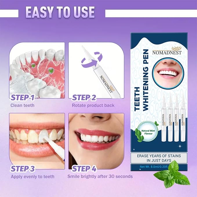 NomadNest Teeth Whitening Pen (4 Pcs) – Painless Teeth Whitener for Sensitive Teeth, Mint Flavor Whitening Gel, Removes Coffee & Tea Stains, Enamel-Safe, Travel-Friendly for a Brighter Smile