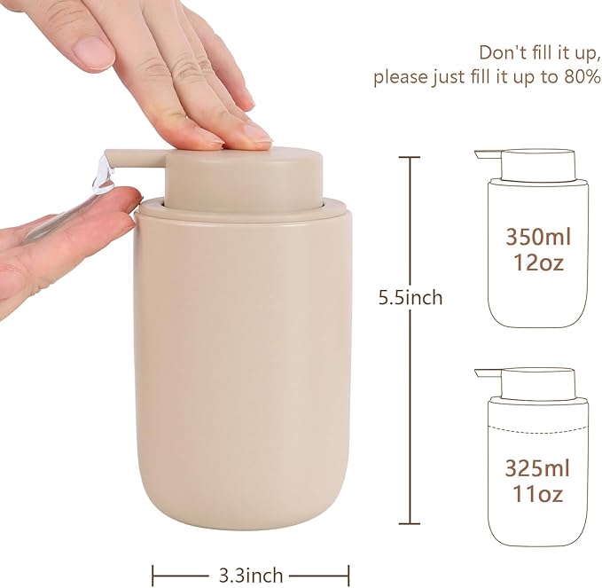BosilunLife Khaki Soap Dispenser Set - 2 Pack 12oz Ceramic Dish Soap Dispenser with Rust Proof Pump for Kitchen, Hand Soap and Lotion Set Suitable for Farmhouse Bathroom Decor with Waterproof Labels