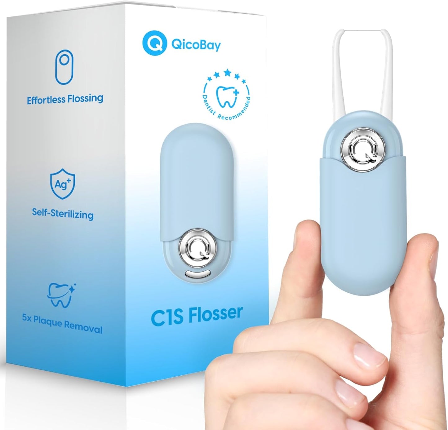 C1S Reusable Flosser Set, Auto-Restringing Flosser with Replaceable Floss Capsule, Multi-Hygiene, Portable Travel Floss, Recyclable Zero Waste, Unflavored(Wave Blue)