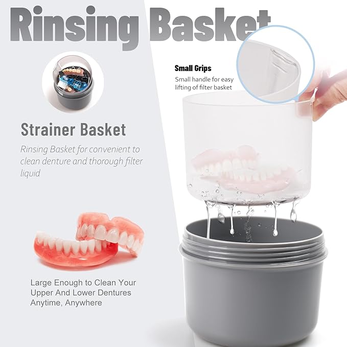 Leak Proof Travel Denture Bath Case for Full Dentures, Denture Cups for Soaking Dentures, Denture Container Cups with Brush for Dentures, Aligner, Retainers, Mouth Guard (Gray)