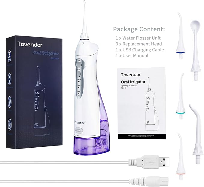 TOVENDOR Electric Water Dental Flosser Teeth Pick, Cordless Flossers Oral Irrigator IPX7 Waterproof 300ML Rechargeable Travel Water Teeth Cleaner with 5 Tips for Home Braces Care Gums Deep Cleaning