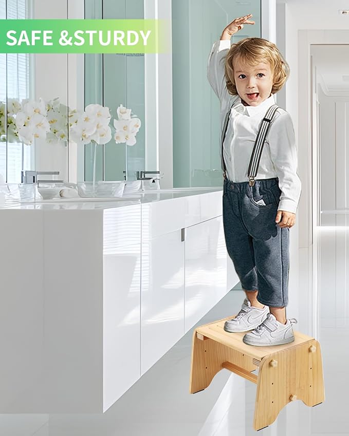 9" Wooden One Step Stool, Todder Step Stool Wood for Kids/Adults/Elderly - Adjustable Height, Lightweight, Anti-Slip, 200 Lbs Beside Stepstool for Bathroom, Kitchen, Bedroom (Natural, Pine)
