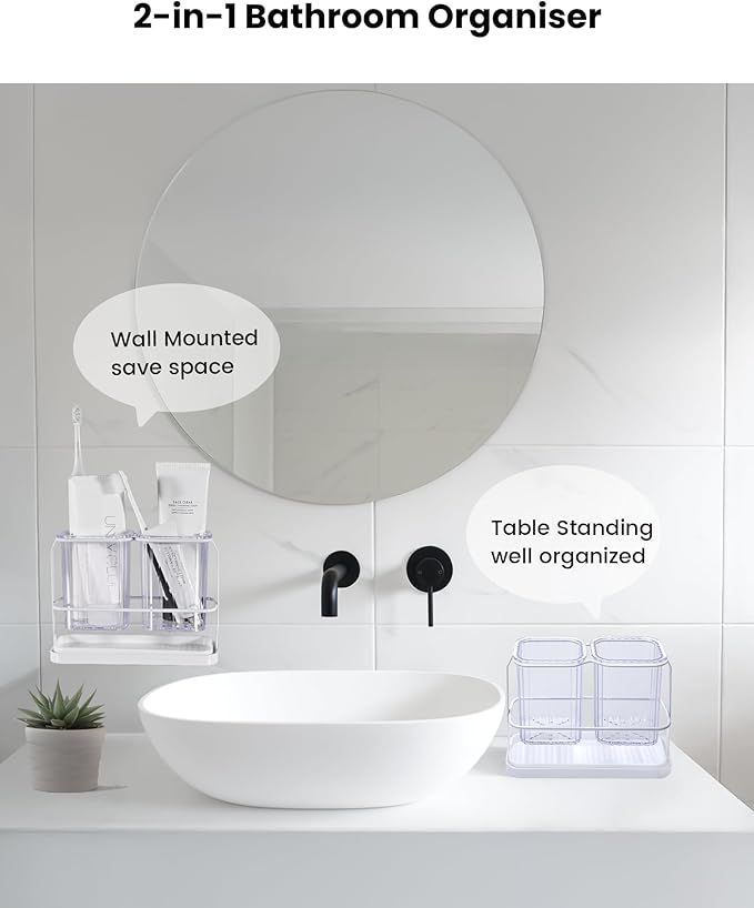 KONE Clear Toothbrush Holders for Bathroom, 2 Cups Wall Mounted, Dry & Wet Separation, Organizers and Storage Set for Family Kids