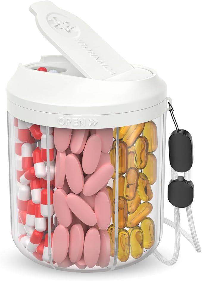 Pill Dispenser with 7 Large Compartments, Pill Organizer for Travel, Supplement Organizer with Anti-Mixing Design, BPA-Free Pill Container with 20 Pcs Labels, Beige