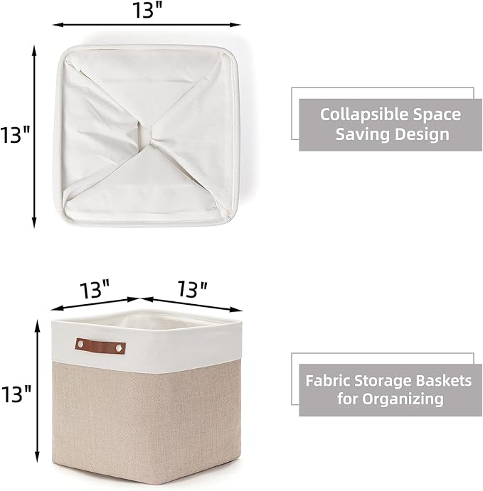 HNZIGE Cube Storage Baskets for Shelves Foldable Storage Baskets(3 Pack) Cube Storage Bin,13 Inch Storage Basket for Organizing with Leather Handles for Toys, Clothes, Kids, Closet (White&Beige)