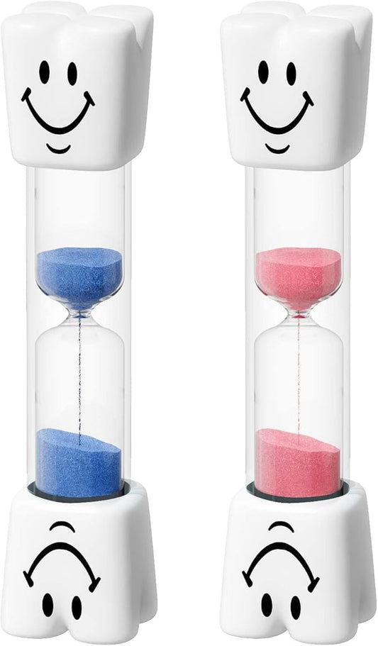 2 Minute Toothbrush Sand Timer for Kids, Small Blue and Red Smiley Acrylic Hourglass Sand Clock Set, Plastic Glass Mini Sandglass for Classroom Games Kitchen (Pack of 2)