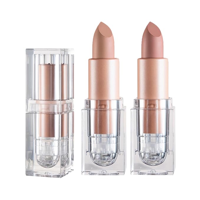 2PCS Matte Nude Lipstick Set Velvet Lip Gloss Non-Fading Non-Sticky Cup Nude Lipstick Matte Lip Stain Long Lasting Waterproof Lipstick for Women Girls Daily Lip Makeup-White Peach+Flesh Pink