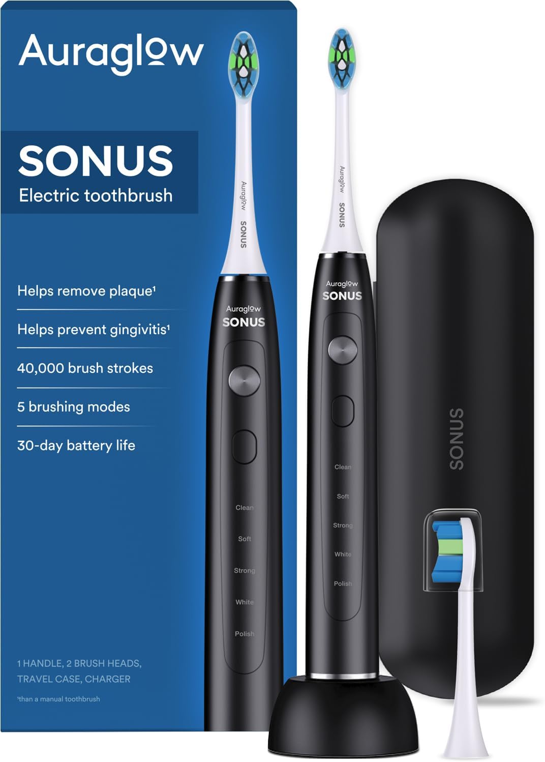 AURAGLOW Sonus Electric Toothbrush, 5 Cleaning Modes, 2 Brush Heads & Travel Case, 40,000 VPM Sonic Toothbrush & Wireless Charging, 30-Day Battery Life with Smart Timer, Black