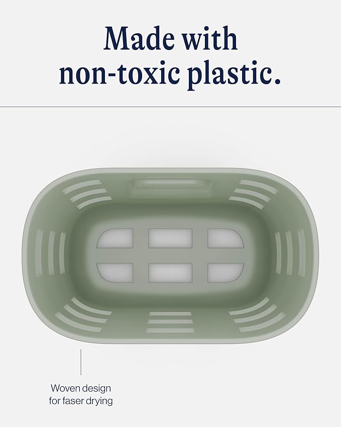 Lalo Bath Time Storage Bin - Keep Items Organized & Dry with Non-Toxic Plastic, Easy Cleanup, Removable Drying Bin, Woven Baby Organizer, Secure Wall Attachment, 9 x 5.5 x 8.5 in - Sage