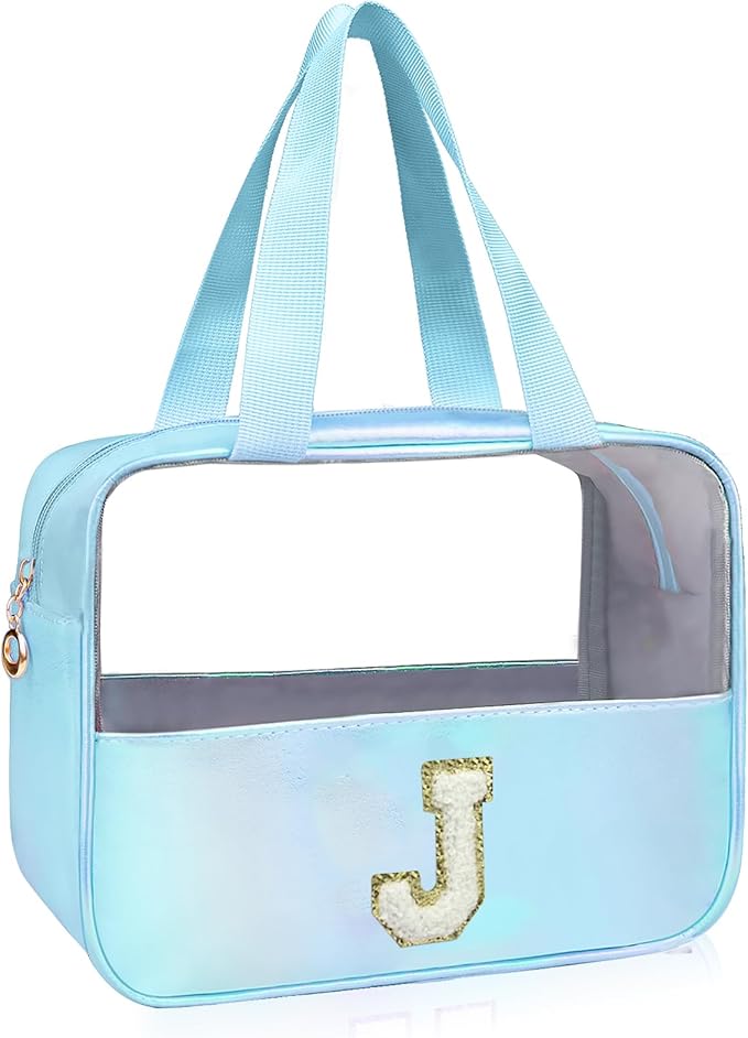 Personalized Initial Clear Makeup Bag Blue Cosmetic Bag Set Large Travel Toiletry Bag, Cute Clear Make Up Bags Organizer Bag for Girlfriend Teacher Gifts Teen Girl Gifts Trendy Stuff J (Blue)