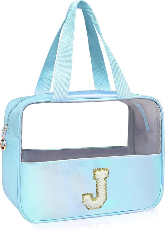 Personalized Initial Clear Makeup Bag Blue Cosmetic Bag Set Large Travel Toiletry Bag, Cute Clear Make Up Bags Organizer Bag for Girlfriend Teacher Gifts Teen Girl Gifts Trendy Stuff J (Blue)