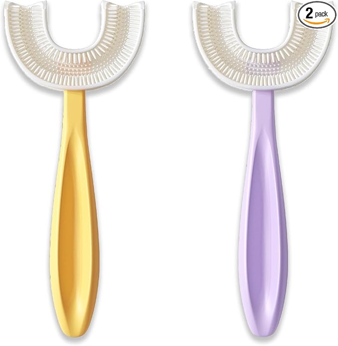 U Shaped Toothbrush Kids 6-12 Years Old- Two Premium Soft Toothbrushes Come with Travel Case & - Rounded Tooth Brushes Kids Size Head Makes Brushing Fun & Easy - 1 Purple, 1 Yellow