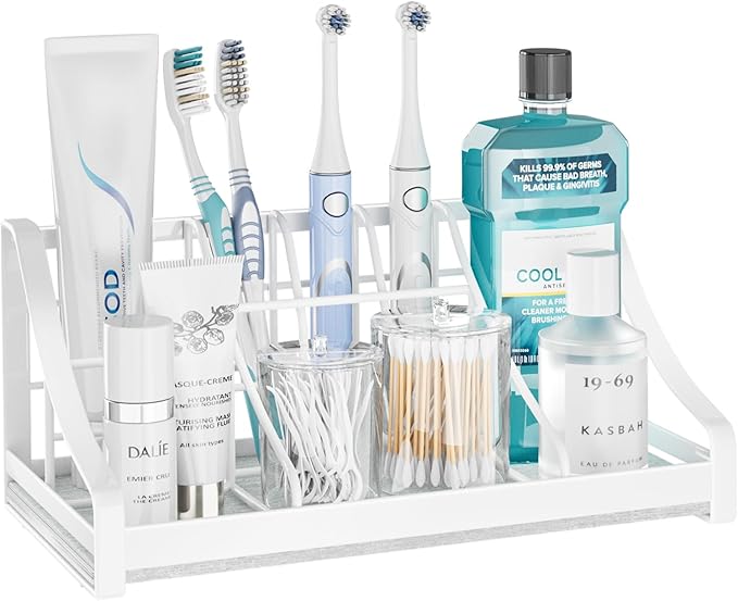 Toothbrush Holder Instant-Dry Organizer - Bathroom Countertop Organizer Kids Electric Toothbrush Toothpaste Holders - 7 Slots Bathroom Sink Accessories Storage Tooth Brush Counter Organization, White