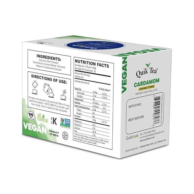 QuikTea Vegan Cardamom Unsweetened Chai Tea Latte – 10 Count, Bold Cardamom Flavor, Naturally Caffeine-Light, no preservatives, No Sugar Added – Just Add Hot Water