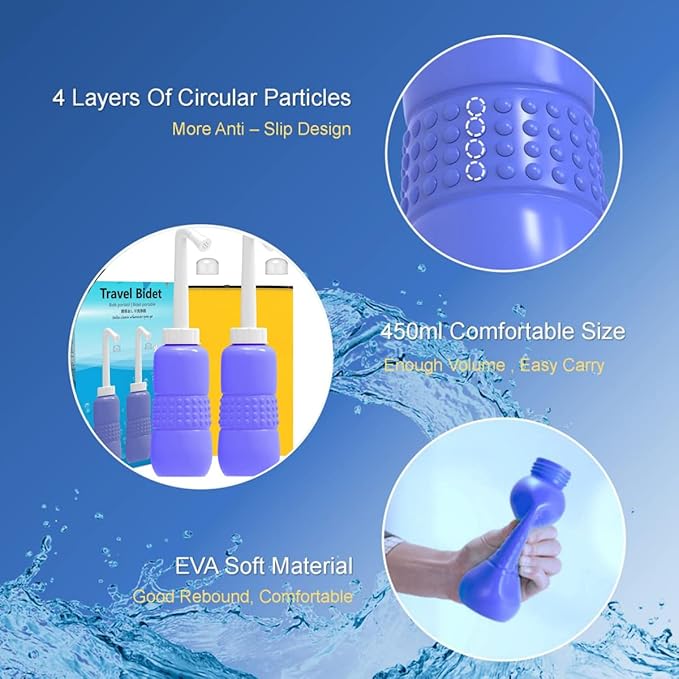 Upside Down Peri Bottle for Postpartum Care, Portable Bidet with Travel Bag, Handheld Perineal Sprayer, Reusable Douche for Women, Men, Baby, Personal Hygiene 450ml-2Pack (Blue)