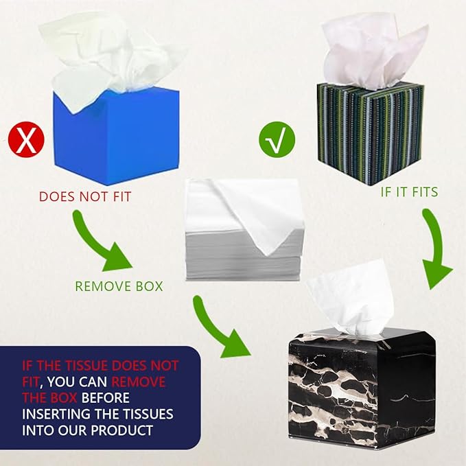 Black Marble Tissue Box Cover for Bathroom, Natural Waterproof Facial Tissue Box, Elegant Square Luxury Heavy Duty Napkin Holder, Toilet Paper Holder for Home Decor, Nightstand, Living Room, Toilet