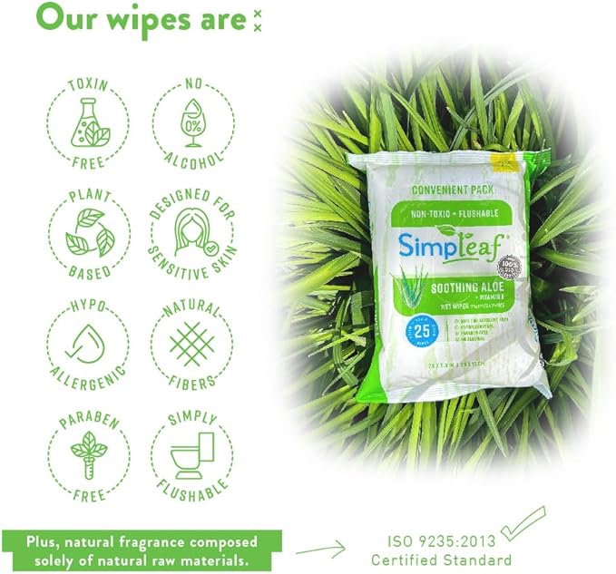 Simpleaf Flushable Wet Wipes Aloe Vera| Eco-Friendly, Paraben & Alcohol Free | Hypoallergenic & Safe for Sensitive Skin | Soothing Aloe Formula | (6 x 25 Counts Convenient Pack) 150 Counts Total